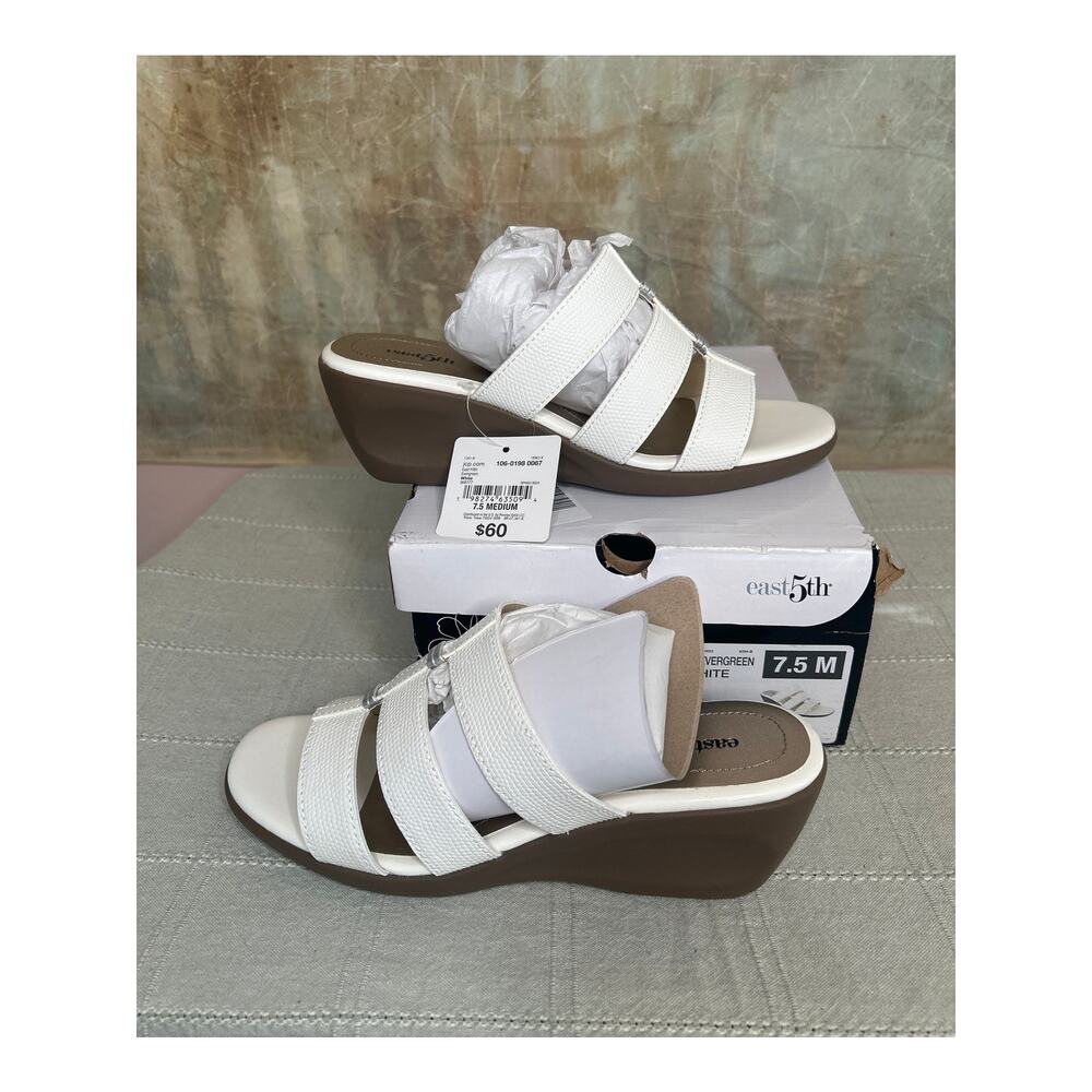 East 5th Evergreen Women's White T-Strap Wedge Sandal Open Toe Slip On 7.5 M